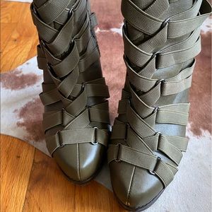 Army green strappy ankle booties by Steven